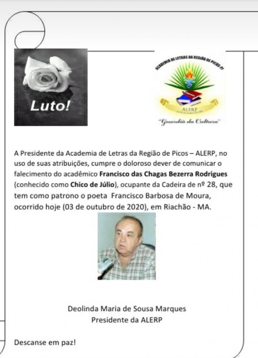 Alerp emite nota de pesar pela morte do ex-prefeito e acadêmico “Chico de Júlio”