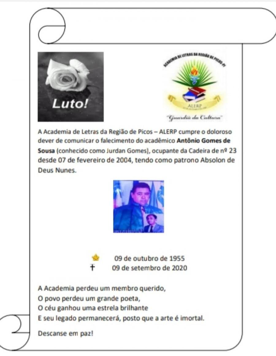 Falece o membro da Academia de Letras da Região de Picos – ALERP,  Antônio Gomes de Sousa (conhecido como Jurdan Gomes)